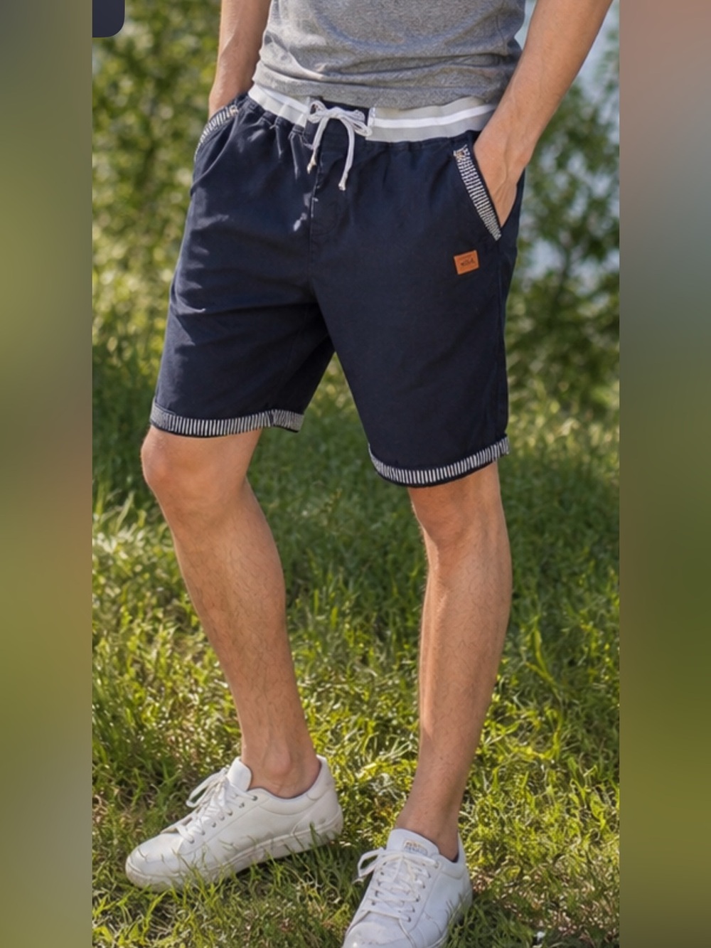 Men linen/Cotton Blend Drawstring 11” Shorts L